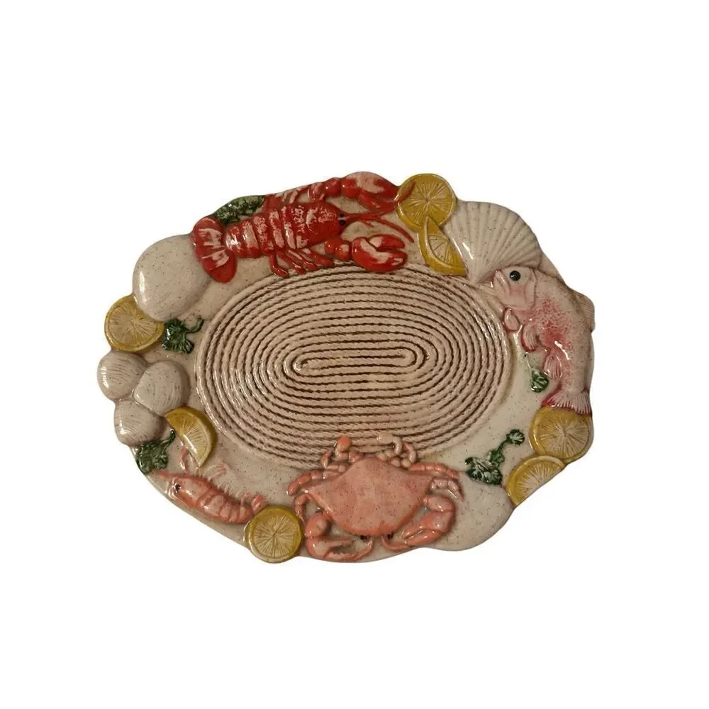 Vintage Multicolor Ceramic Sculpted Seafood Oval Platter 14
